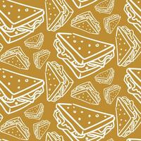 Vector seamless pattern with hand-drawn white linear sandwiches on orange. Food design elements, ideal for any business related to the food industry. Printing on textiles and paper. packaging products