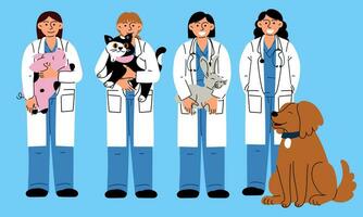 A set of happy vet girls with a variety of pets. Vector illustration of animal care. Flat style. Female veterinarians with animals in their arms pig, rabbit, cat, dog. International Veterinarian's Day