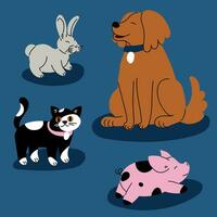 un conjunto de animales perro, cerdo, gato, Conejo aislado en un azul antecedentes. plano vector ilustración. vistoso mascotas. linda mullido animales