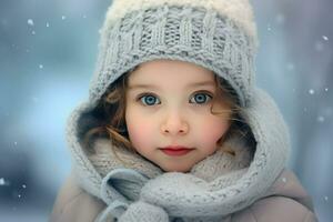 AI generated A cute girl in the snow , A cute little girl is wearing a furry hat and scarf in winter Ai generated photo