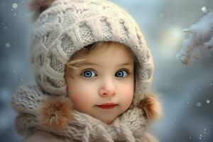 ai generado un linda niña en el nieve , un linda pequeño niña es vistiendo un peludo sombrero y bufanda en invierno ai generado foto