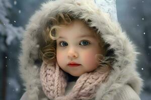 ai generado un linda niña en el nieve , un linda pequeño niña es vistiendo un peludo sombrero y bufanda en invierno ai generado foto