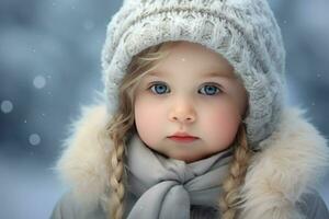 AI generated A cute girl in the snow , A cute little girl is wearing a furry hat and scarf in winter Ai generated photo