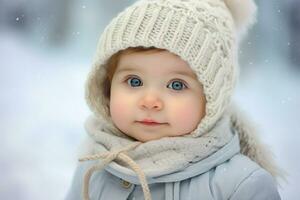 ai generado un linda niña en el nieve , un linda pequeño niña es vistiendo un peludo sombrero y bufanda en invierno ai generado foto