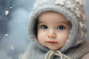 ai generado un linda niña en el nieve , un linda pequeño niña es vistiendo un peludo sombrero y bufanda en invierno ai generado foto