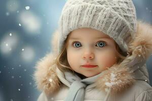 ai generado un linda niña en el nieve , un linda pequeño niña es vistiendo un peludo sombrero y bufanda en invierno ai generado foto