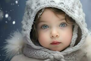 AI generated A cute girl in the snow , A cute little girl is wearing a furry hat and scarf in winter Ai generated photo