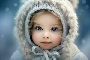 ai generado un linda niña en el nieve , un linda pequeño niña es vistiendo un peludo sombrero y bufanda en invierno ai generado foto