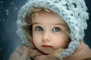 ai generado un linda niña en el nieve , un linda pequeño niña es vistiendo un peludo sombrero y bufanda en invierno ai generado foto
