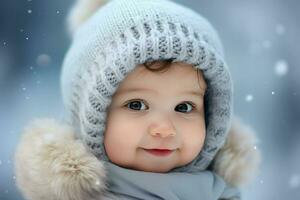 AI generated A cute girl in the snow , A cute little girl is wearing a furry hat and scarf in winter Ai generated photo