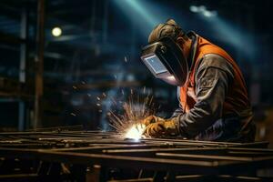 AI generated welder is welding metal, Building welder in a safety helmet welding a steel structure at a construction site Ai generated photo