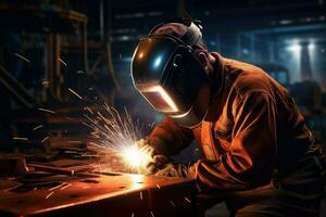AI generated welder is welding metal, Building welder in a safety helmet welding a steel structure at a construction site Ai generated photo