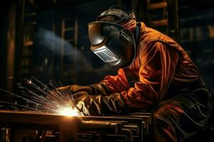 AI generated welder is welding metal, Building welder in a safety helmet welding a steel structure at a construction site Ai generated photo