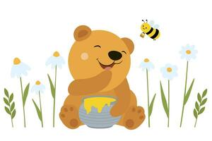 Cute teddy bear with honey, bee and flowers vector