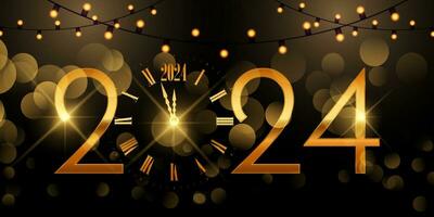 Happy New Year banner with gold clock and numbers design vector