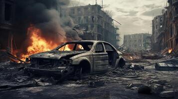 ai generado roto coche en frente de destruido edificio. generativo ai foto