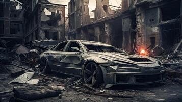 ai generado roto coche en frente de destruido edificio. generativo ai foto