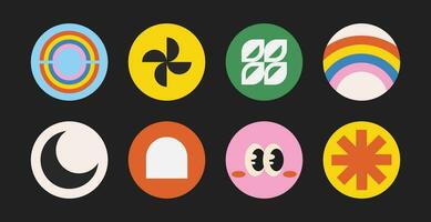 Collection of round retro stickers, y2k badges and labels with abstract colorful shapes. Vector illustration.