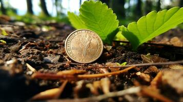 AI generated Photo of coin on a ground taken with a smartphone camera. Generative AI