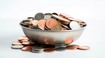 AI generated Photo of coins on bowl isolated on white background. Generative AI