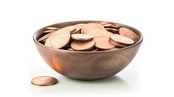AI generated Photo of coins on bowl isolated on white background. Generative AI
