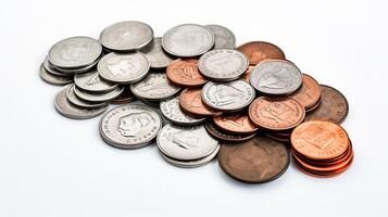 AI generated Photo of coins and banknotes isolated on white background. Generative AI