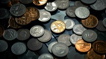 ai generado foto de monedas de varios denominaciones formando un camino. generativo ai