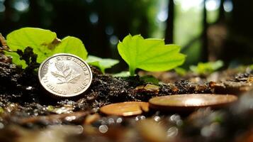 AI generated Photo of coin on a ground taken with a smartphone camera. Generative AI