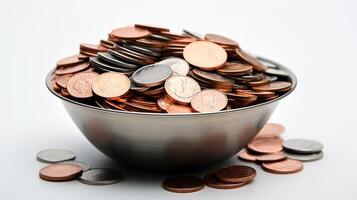 AI generated Photo of coins on bowl isolated on white background. Generative AI