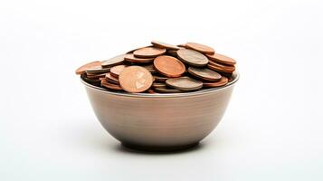 AI generated Photo of coins on bowl isolated on white background. Generative AI
