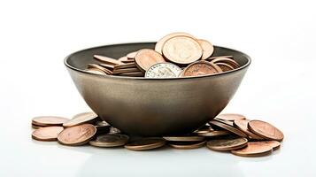 AI generated Photo of coins on bowl isolated on white background. Generative AI