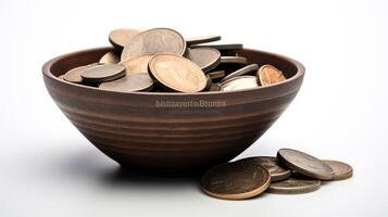 AI generated Photo of coins on bowl isolated on white background. Generative AI