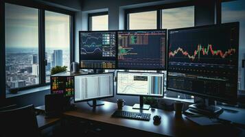 AI generated Photo of a stock market analysts desk with a whiteboard. Generative AI