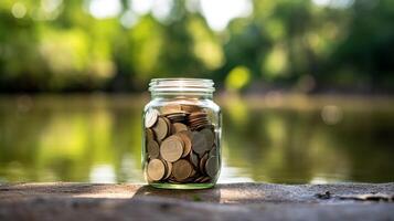 AI generated Photo of a glass jar filled with coins against a nature. Generative AI