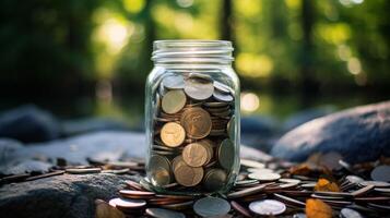 AI generated Photo of a glass jar filled with coins against a nature. Generative AI