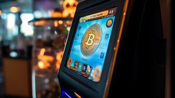 AI generated Photo of a close-up shot of a Bitcoin ATM screen. Generative AI