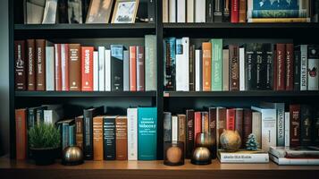 AI generated Photo of a financial analysts bookshelf with literature. Generative AI