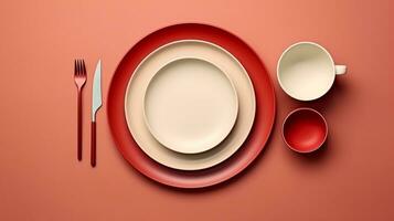 AI generated beautiful arrangement of tableware on table. Generative AI photo