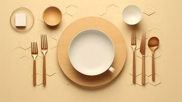 AI generated beautiful arrangement of tableware on table. Generative AI photo