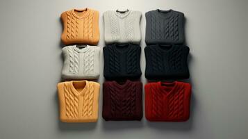 AI generated beautiful arrangement of sweaters on table. Generative AI photo