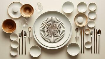 AI generated beautiful arrangement of tableware on table. Generative AI photo