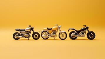 AI generated beautiful arrangement of miniature of five motorcycles on table. Generative AI photo