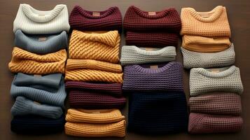 AI generated beautiful arrangement of sweaters on table. Generative AI photo