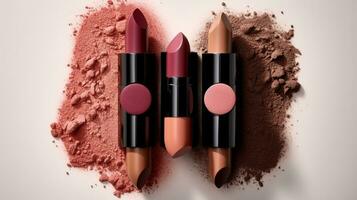 AI generated beautiful arrangement of powder and five lipsticks on table. Generative AI photo