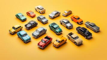 AI generated beautiful arrangement of miniature of cars on table. Generative AI photo