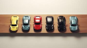 AI generated beautiful arrangement of miniature of five sport cars on table. Generative AI photo