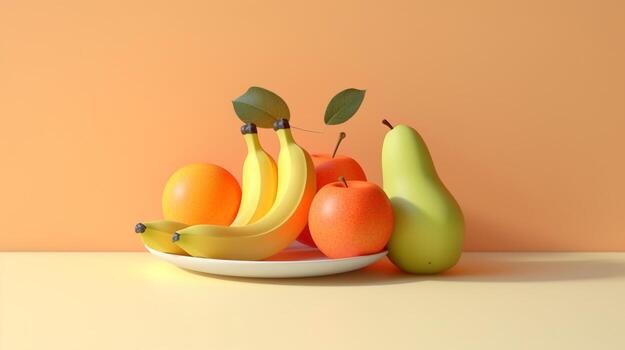 AI generated beautiful arrangement of orange, apple, pear, banana, and grape on table. Generative AI photo