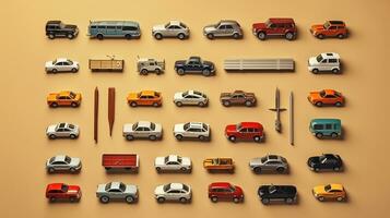 ai generado hermosa arreglo de miniatura de carros en mesa. generativo ai foto