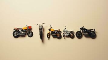 AI generated beautiful arrangement of miniature of five motorcycles on table. Generative AI photo