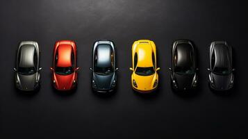 AI generated beautiful arrangement of miniature of five sport cars on table. Generative AI photo